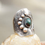 Vintage Brutalist Sterling Silver Gemstone Ring, Abstract Brushed Ring With Gemstone & Accent Silver Beads, Artisan Jewelry, Size 7 US