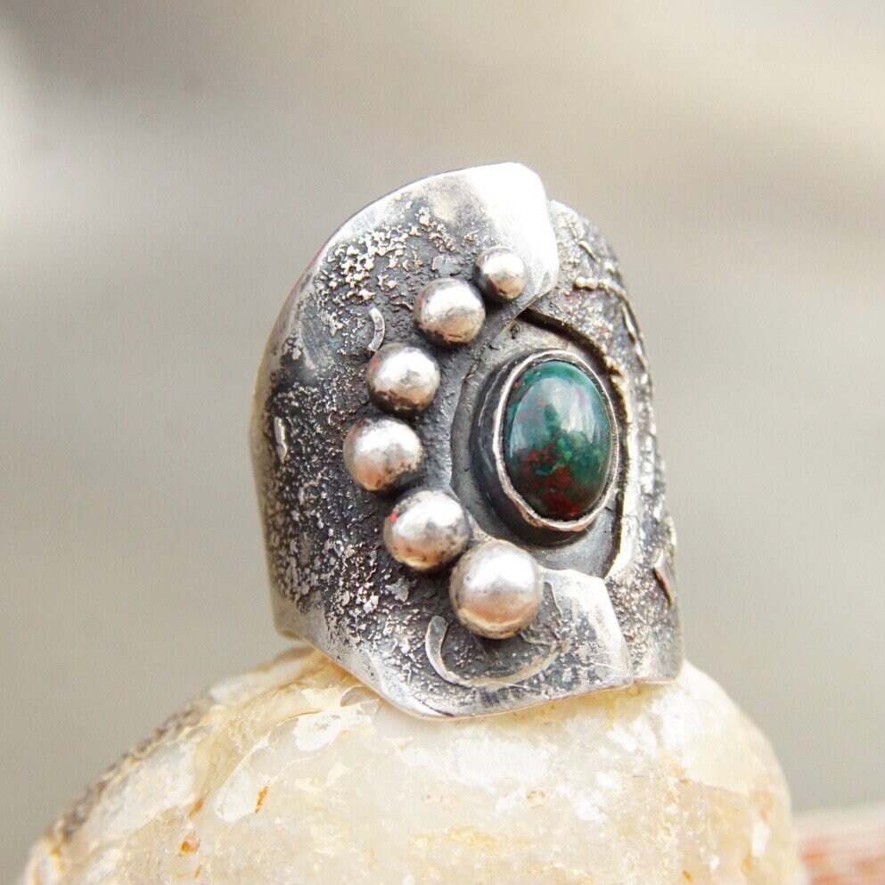 Vintage Brutalist Sterling Silver Gemstone Ring, Abstract Brushed Ring With Gemstone & Accent Silver Beads, Artisan Jewelry, Size 7 US