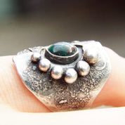 Vintage Brutalist Sterling Silver Gemstone Ring, Abstract Brushed Ring With Gemstone & Accent Silver Beads, Artisan Jewelry, Size 7 US