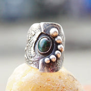 Vintage Brutalist Sterling Silver Gemstone Ring, Abstract Brushed Ring With Gemstone & Accent Silver Beads, Artisan Jewelry, Size 7 US