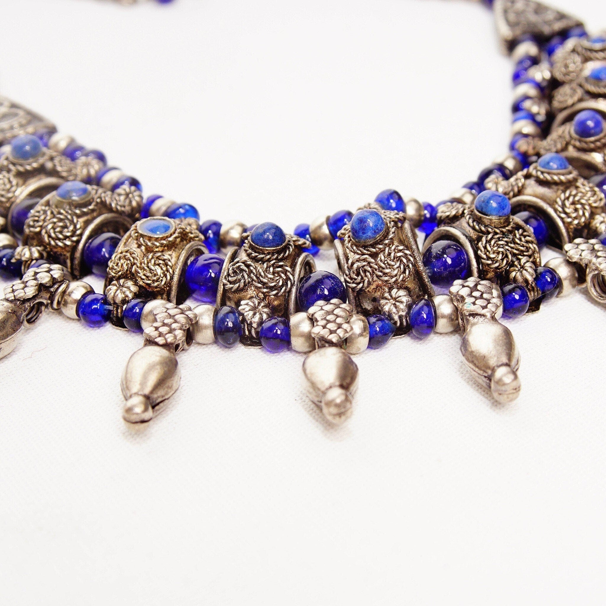 Vintage Bohemian Silver & Blue Glass Bead Bib Necklace, Ornate Silver Links Set With Blue Stone Cabochon, Floral/Woven Accents, 18 1/2" L