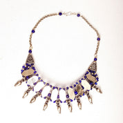 Vintage Bohemian Silver & Blue Glass Bead Bib Necklace, Ornate Silver Links Set With Blue Stone Cabochon, Floral/Woven Accents, 18 1/2" L