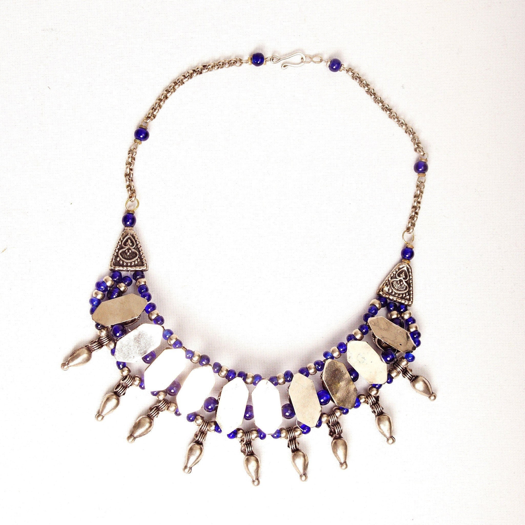 Vintage Bohemian Silver & Blue Glass Bead Bib Necklace, Ornate Silver Links Set With Blue Stone Cabochon, Floral/Woven Accents, 18 1/2" L