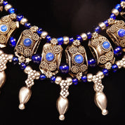 Vintage Bohemian Silver & Blue Glass Bead Bib Necklace, Ornate Silver Links Set With Blue Stone Cabochon, Floral/Woven Accents, 18 1/2" L