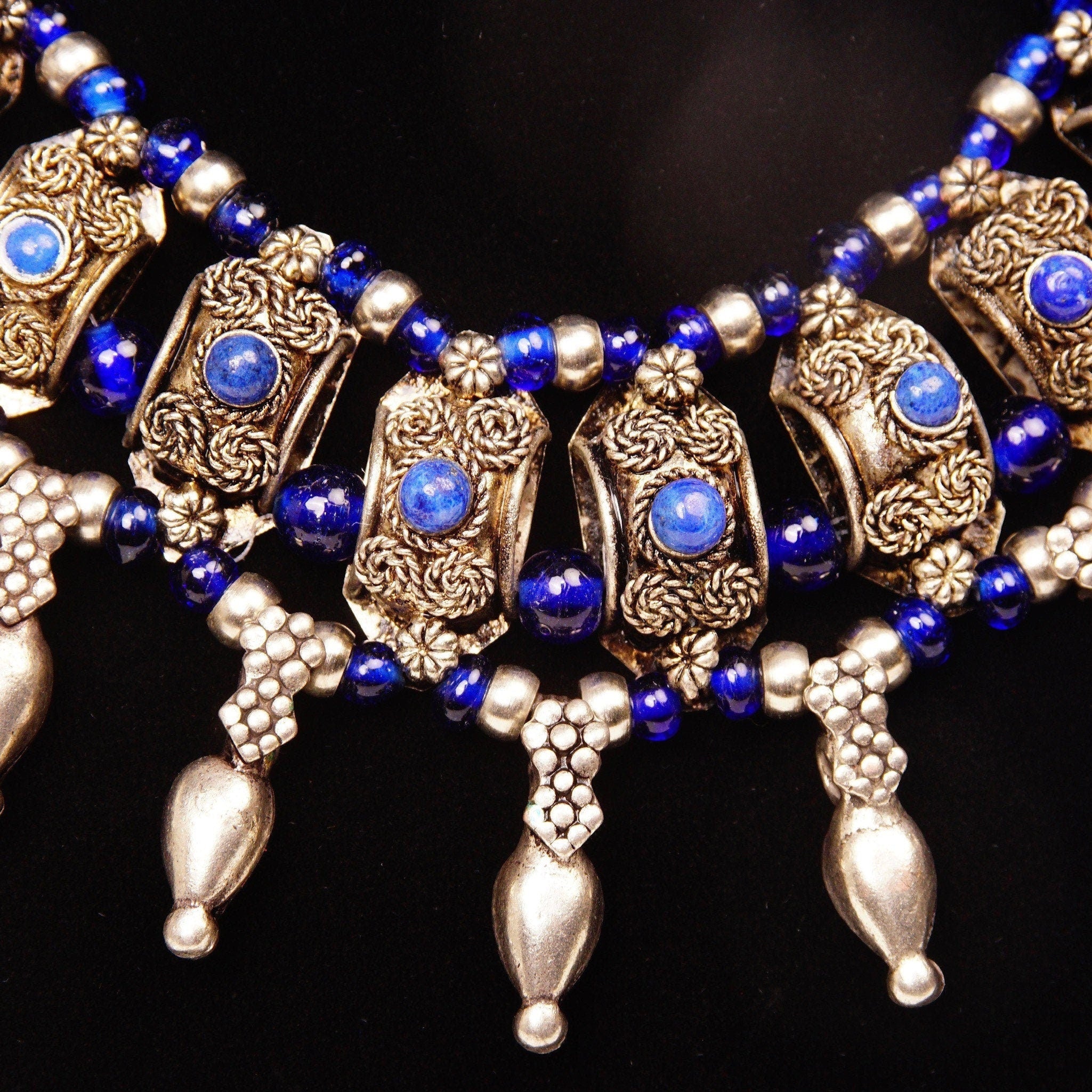 Vintage Bohemian Silver & Blue Glass Bead Bib Necklace, Ornate Silver Links Set With Blue Stone Cabochon, Floral/Woven Accents, 18 1/2" L