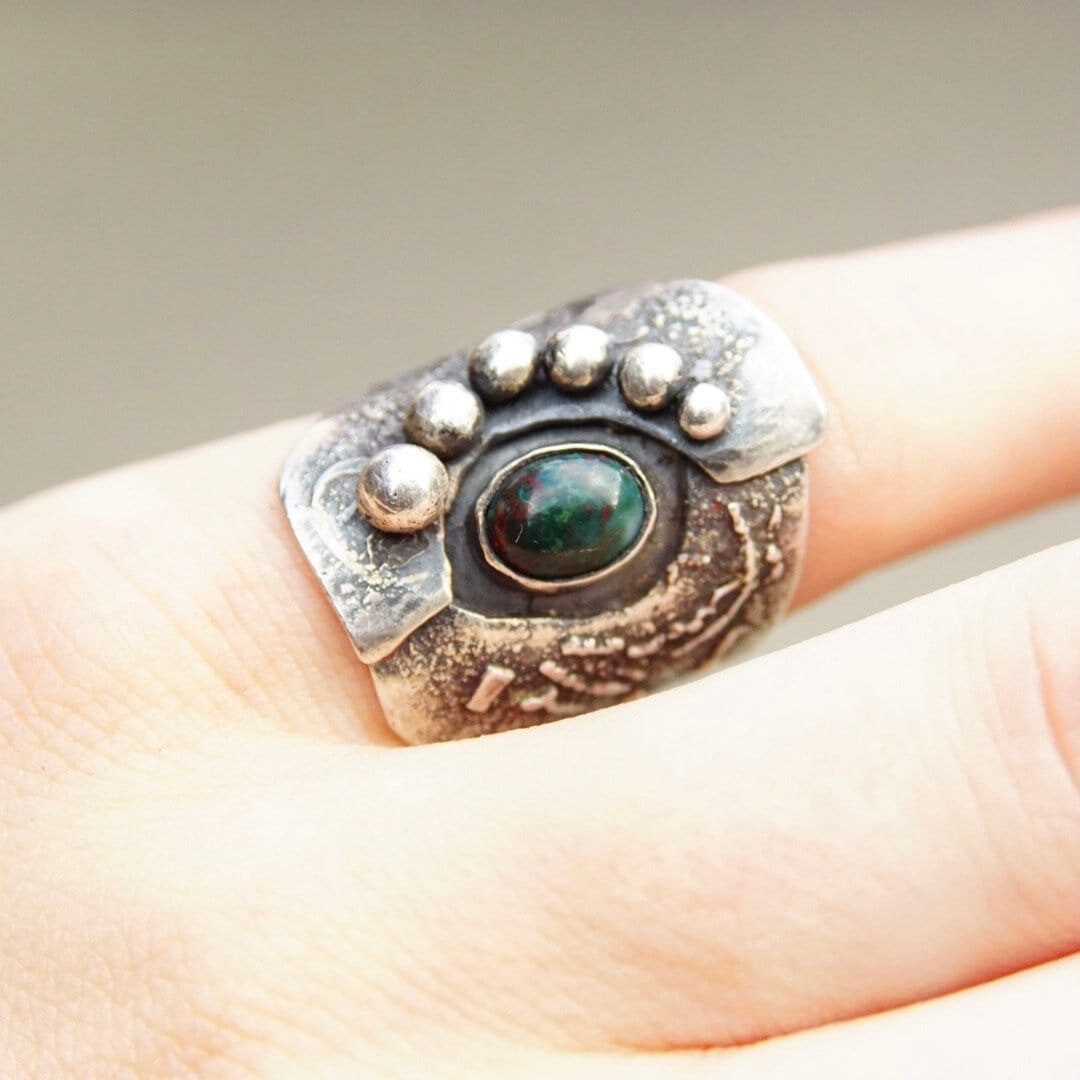 Vintage Brutalist Sterling Silver Gemstone Ring, Abstract Brushed Ring With Gemstone & Accent Silver Beads, Artisan Jewelry, Size 7 US