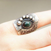 Vintage Brutalist Sterling Silver Gemstone Ring, Abstract Brushed Ring With Gemstone & Accent Silver Beads, Artisan Jewelry, Size 7 US