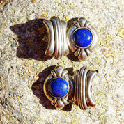 Vintage Chunky Sterling Silver Lapis Lazuli Dangle Earrings, Hinged Silver Stud Earrings, Cobalt Blue Gemstone, Statement Earrings, 1 1/4" L