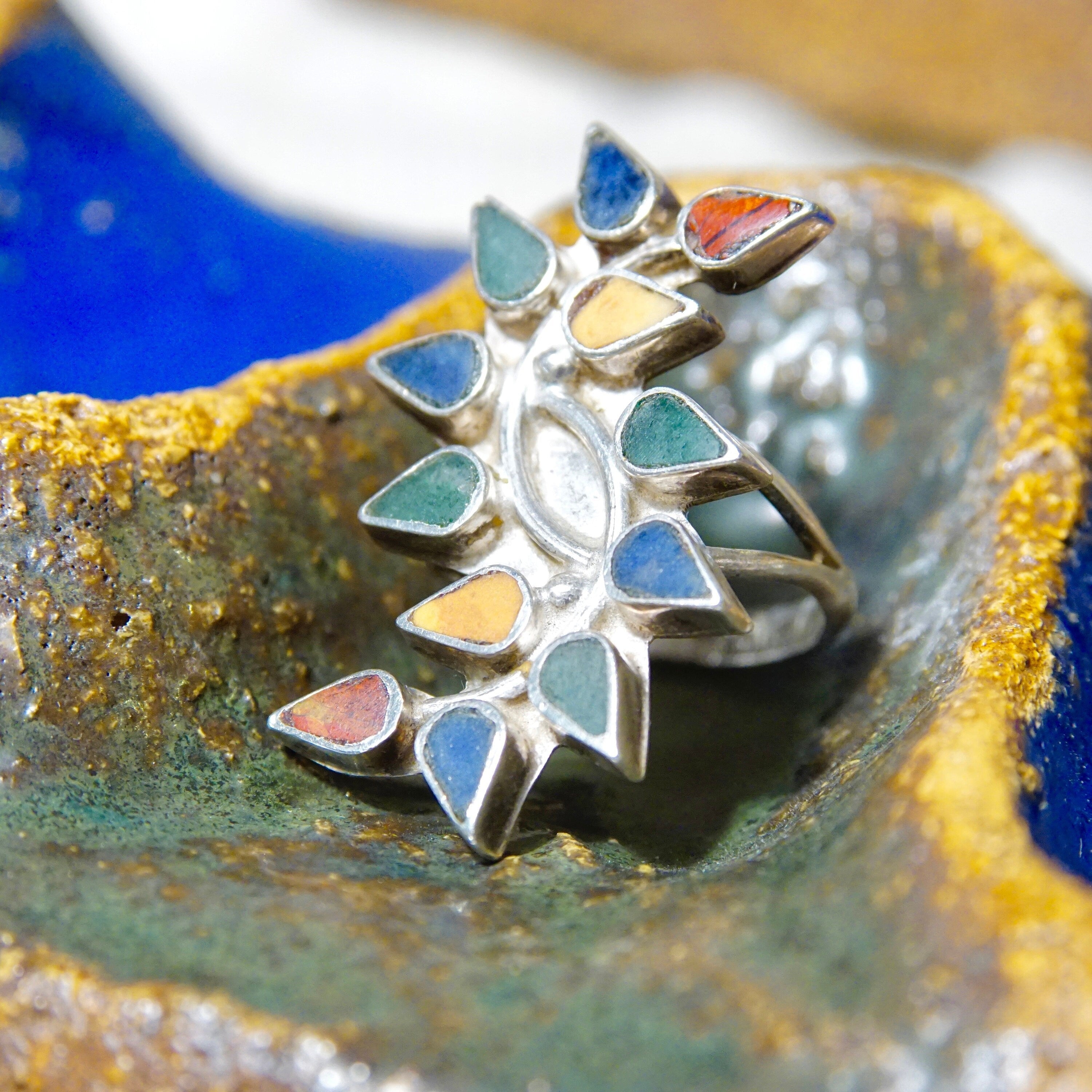 Vintage Colorful Multi-Stone Sterling Silver Ring, Malachite, Lapis, Red Jasper, Yellow Stone Inlaid Ring, Teardrop Setting, Size 7.5 US