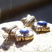 Vintage Chunky Sterling Silver Lapis Lazuli Dangle Earrings, Hinged Silver Stud Earrings, Cobalt Blue Gemstone, Statement Earrings, 1 1/4" L