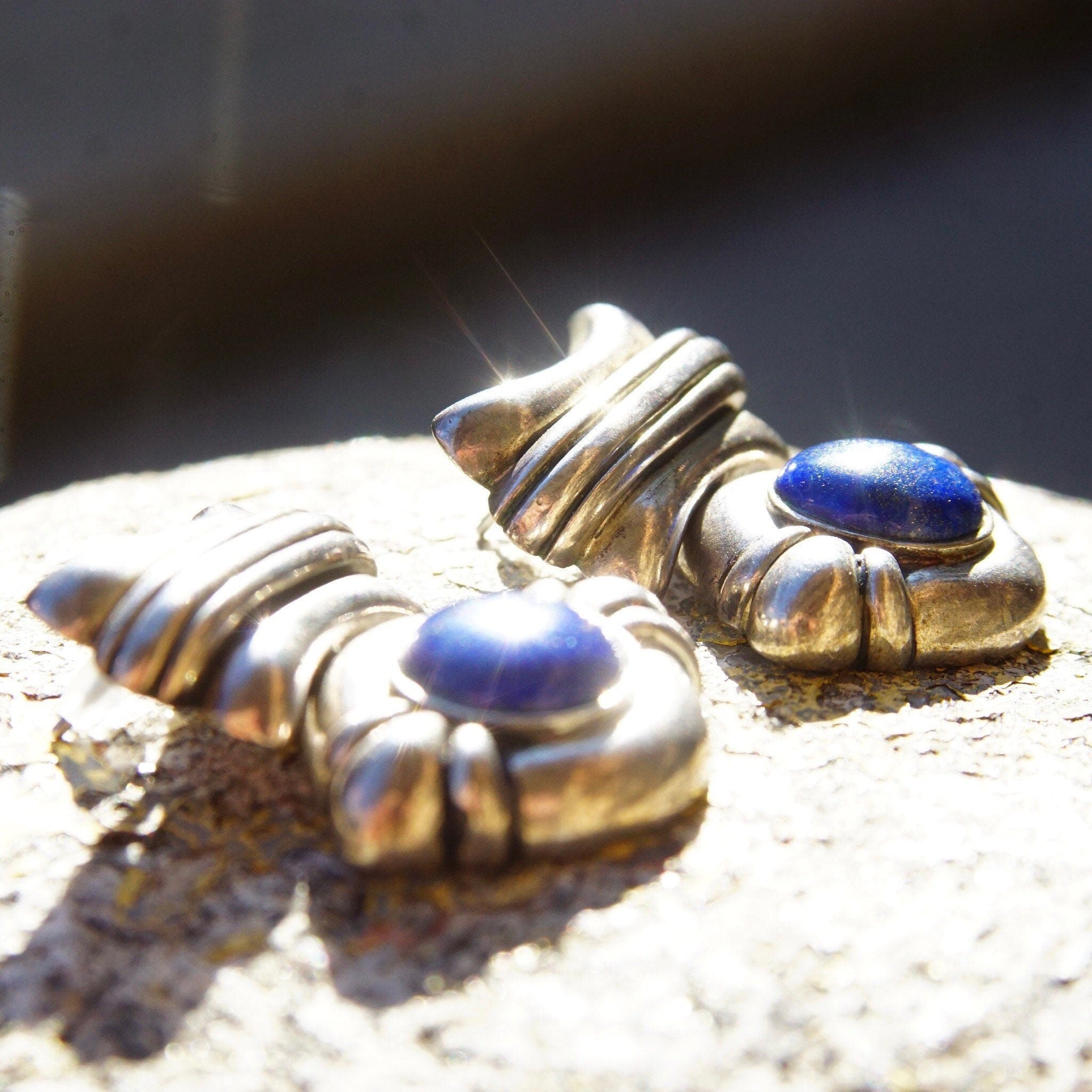 Vintage Chunky Sterling Silver Lapis Lazuli Dangle Earrings, Hinged Silver Stud Earrings, Cobalt Blue Gemstone, Statement Earrings, 1 1/4" L