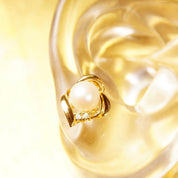 Vintage Classic 14K Gold Pearl Diamond Accent Stud Earrings, Yellow Gold Ribbon Wreath Setting, 2-Diamond Accent, Natural Round Pearls, 585