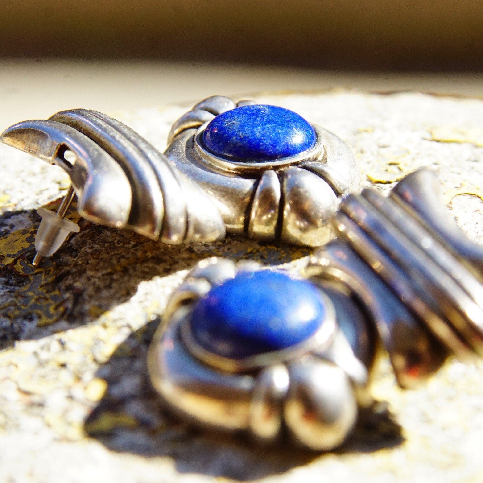 Vintage Chunky Sterling Silver Lapis Lazuli Dangle Earrings, Hinged Silver Stud Earrings, Cobalt Blue Gemstone, Statement Earrings, 1 1/4" L