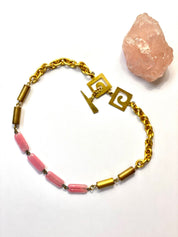 Vintage Gold Toned Choker With Pink Glass Beads, Abstract Clasp Detail, Retro Thick Gold Toned Chain With Glass Beads