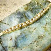 Vintage Gold Plated Sterling Silver Cubic Zirconia Diamond Bar Bracelet, 2.5mm Herringbone Chain, 12 Brilliant CZ Diamonds, 7 1/8" Long