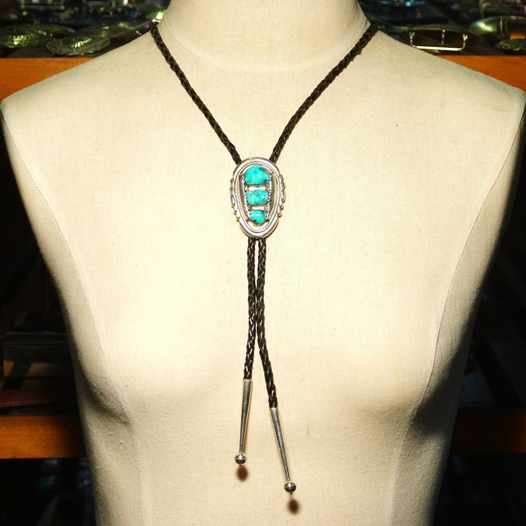 Vintage Hallmarked RLB Zuni Native American Sterling Silver 3-Stone Turquoise Bolo Tie, Robert & Bernice Leekya, 20" L