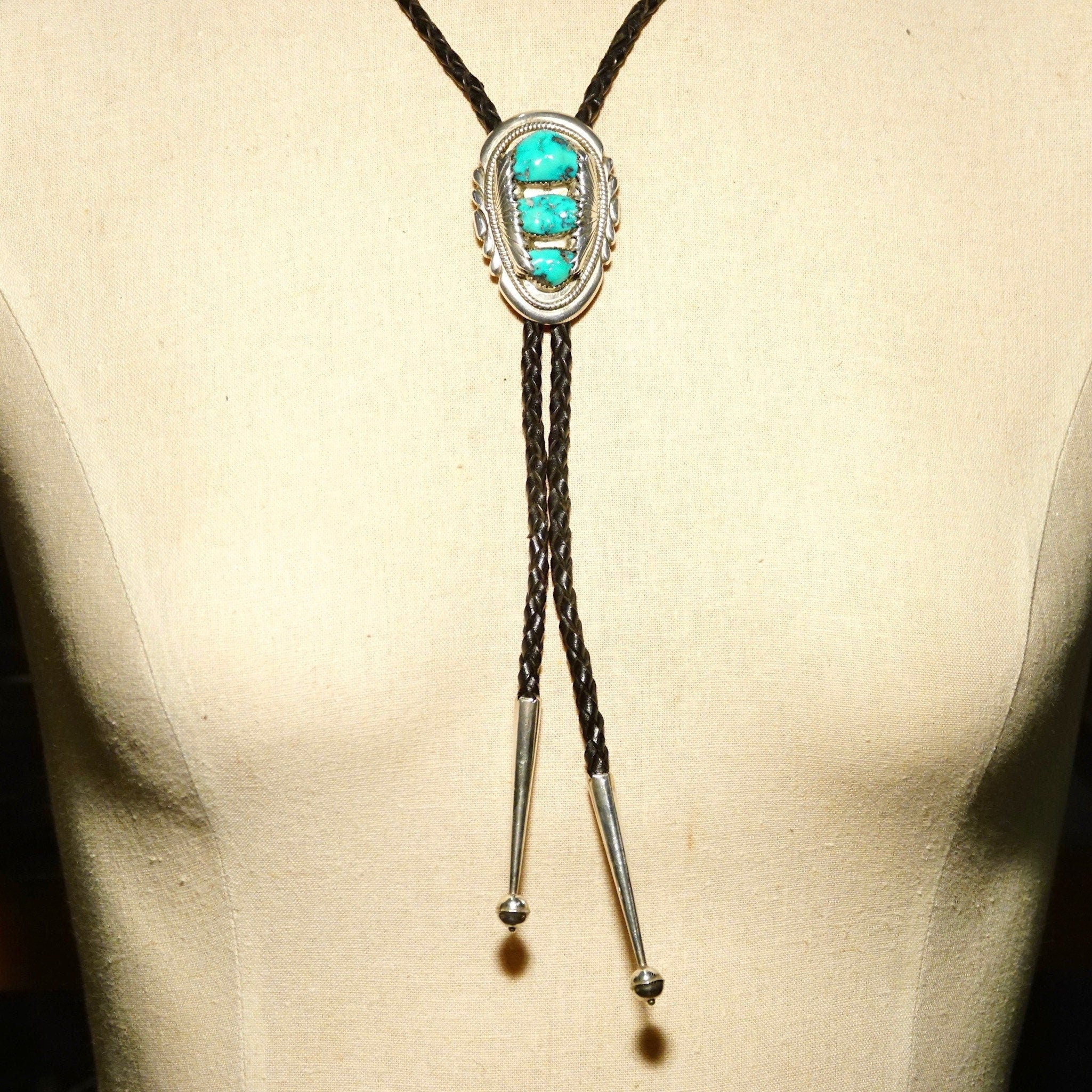 Vintage Hallmarked RLB Zuni Native American Sterling Silver 3-Stone Turquoise Bolo Tie, Robert & Bernice Leekya, 20" L