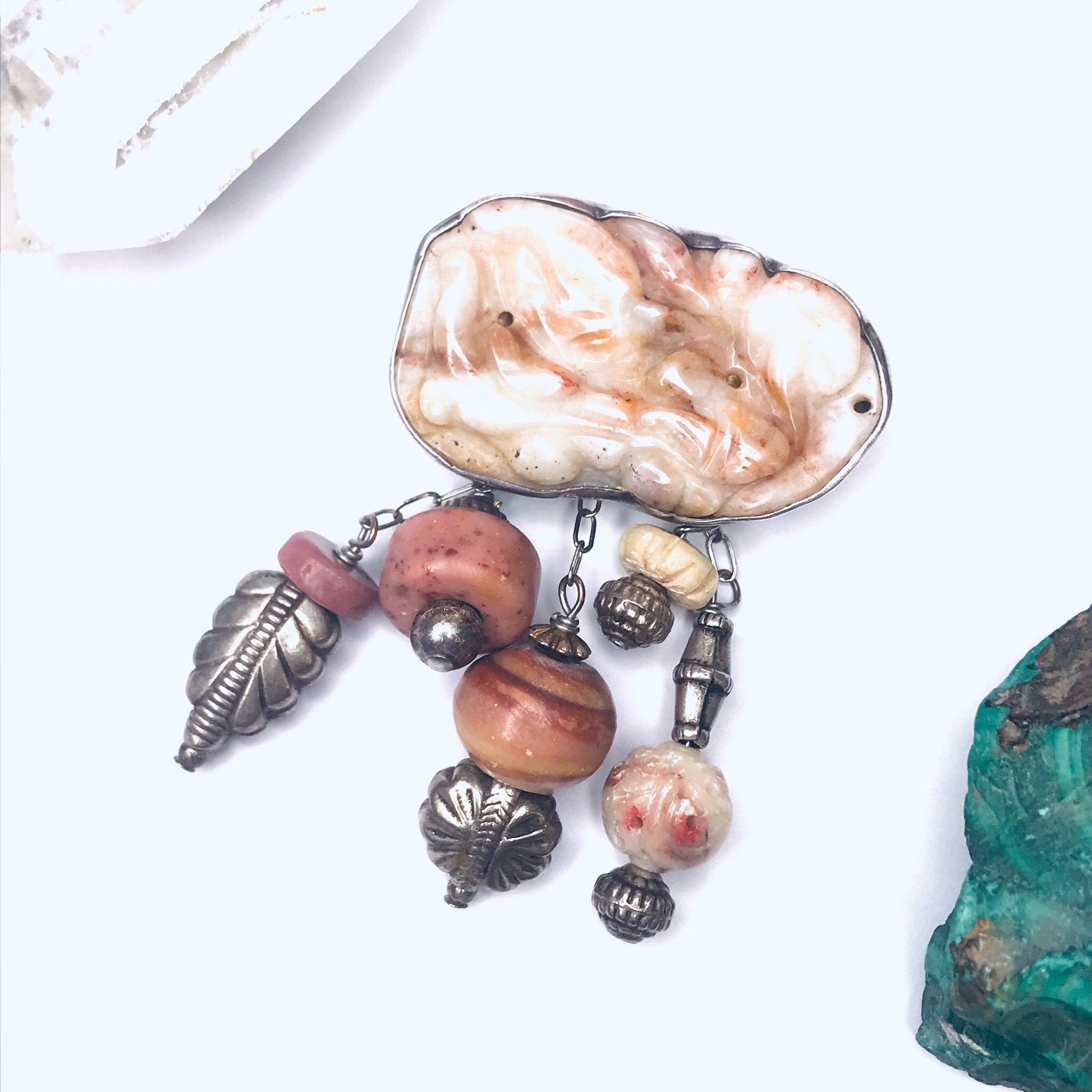 Vintage Hand Carved Burmese Jade, Bone, Soapstone, and Rhodonite Brooch, Abstract Handmade Sterling Silver Brooch with Pink Burmese Jade
