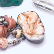Vintage Hand Carved Burmese Jade, Bone, Soapstone, and Rhodonite Brooch, Abstract Handmade Sterling Silver Brooch with Pink Burmese Jade