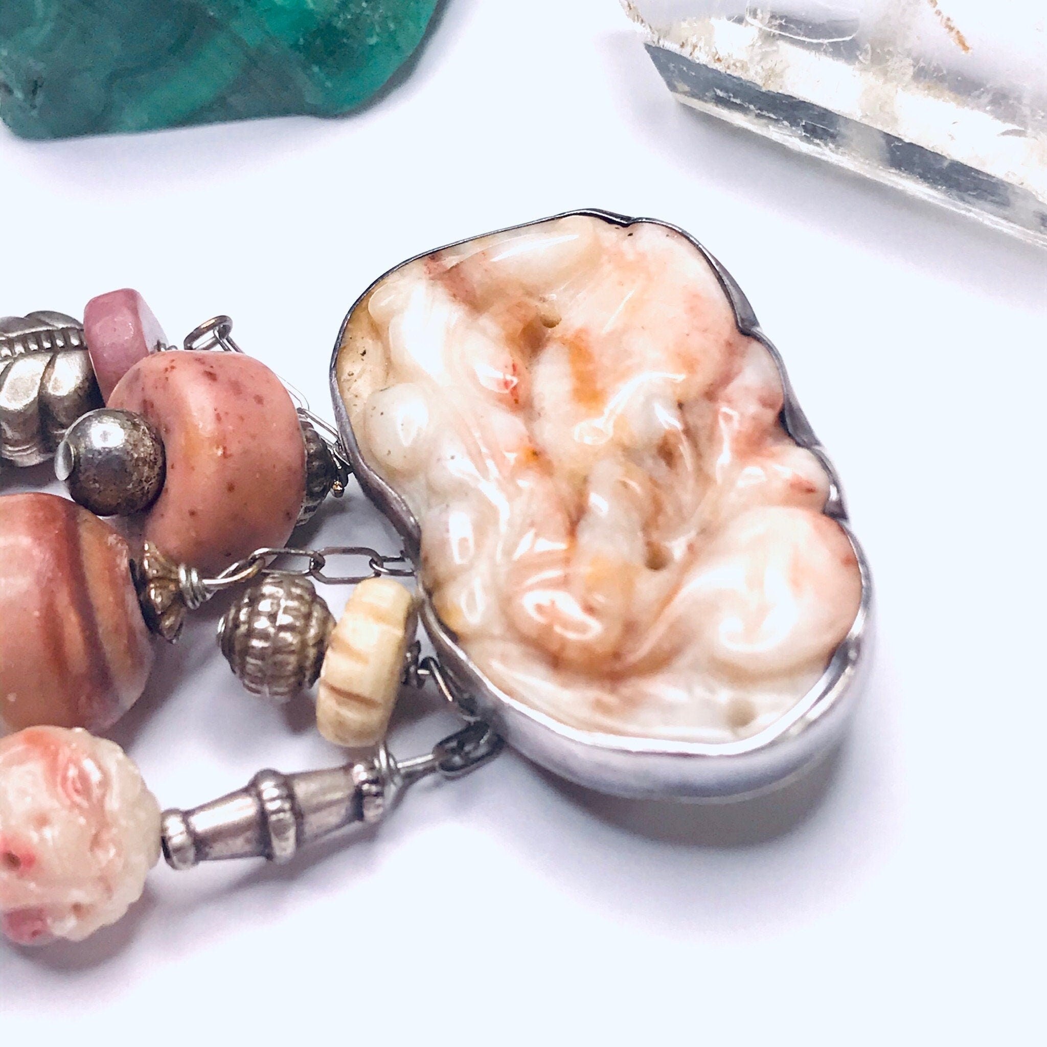 Vintage Hand Carved Burmese Jade, Bone, Soapstone, and Rhodonite Brooch, Abstract Handmade Sterling Silver Brooch with Pink Burmese Jade