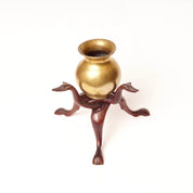 Vintage Hand-Carved Wood Cobra Stand & Brass Bowl, 3-Legged Greyhound Dog Bowl Stand, Interlocking Wooden Stand, Round Brass Vase, 7 1/4" H