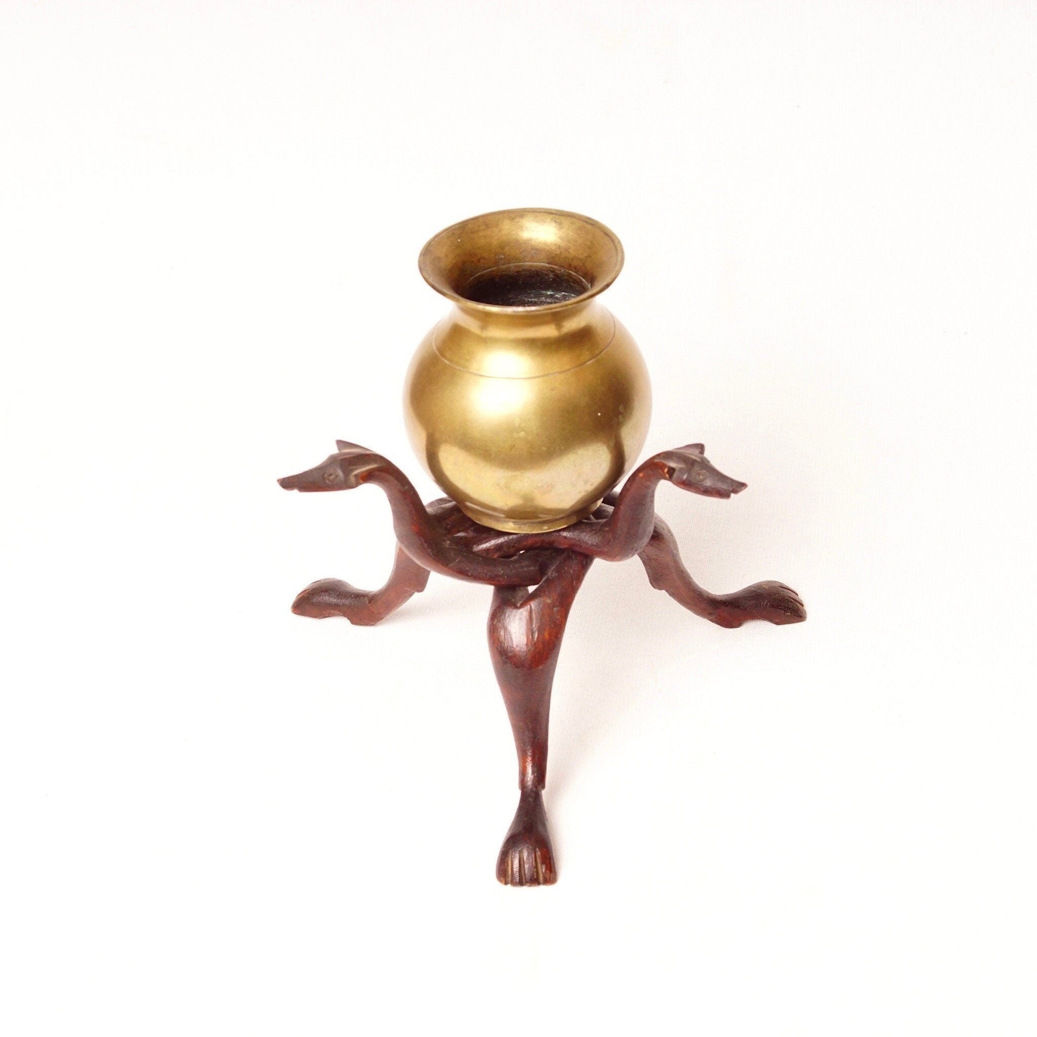Vintage Hand-Carved Wood Cobra Stand & Brass Bowl, 3-Legged Greyhound Dog Bowl Stand, Interlocking Wooden Stand, Round Brass Vase, 7 1/4" H
