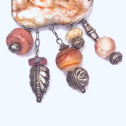 Vintage Hand Carved Burmese Jade, Bone, Soapstone, and Rhodonite Brooch, Abstract Handmade Sterling Silver Brooch with Pink Burmese Jade