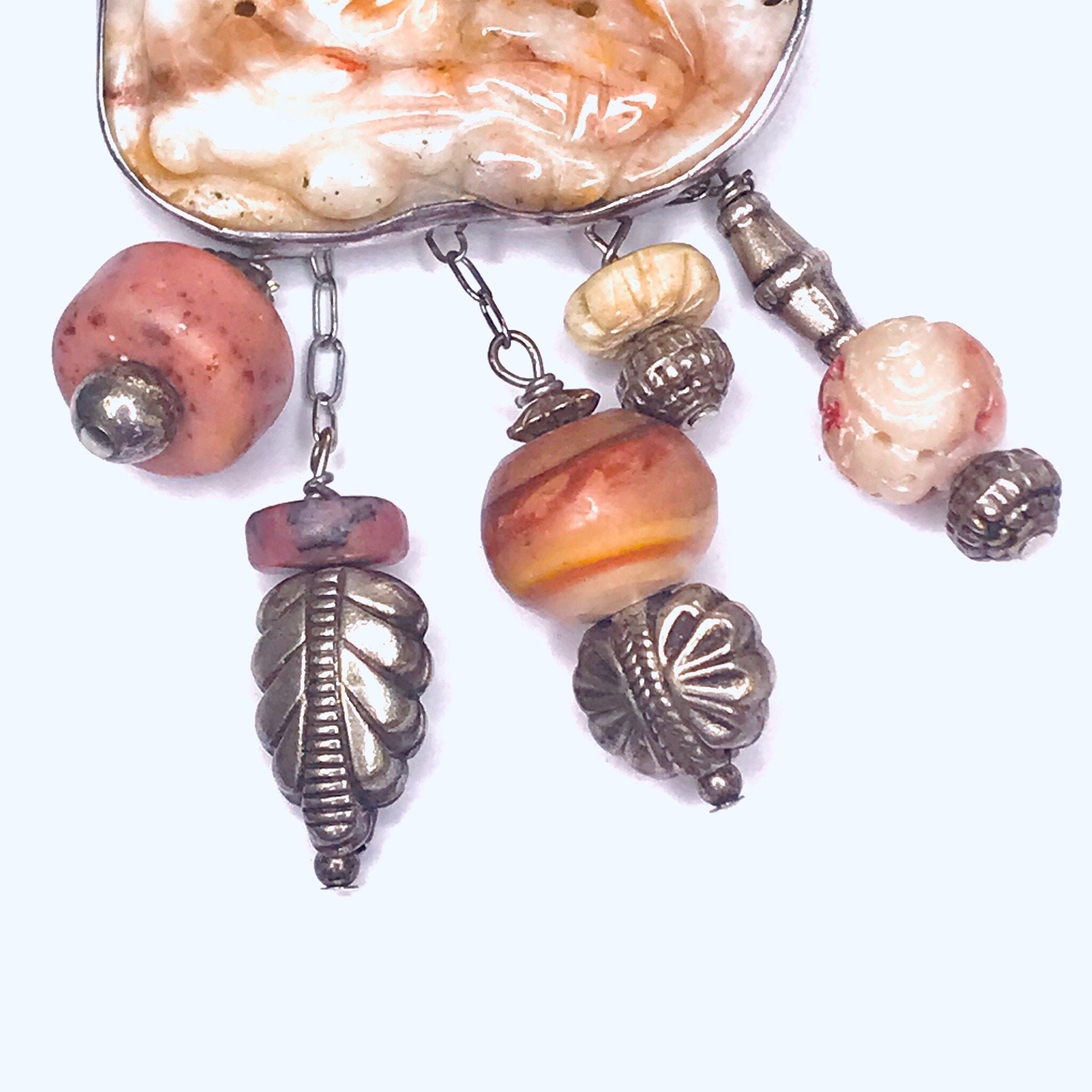 Vintage Hand Carved Burmese Jade, Bone, Soapstone, and Rhodonite Brooch, Abstract Handmade Sterling Silver Brooch with Pink Burmese Jade