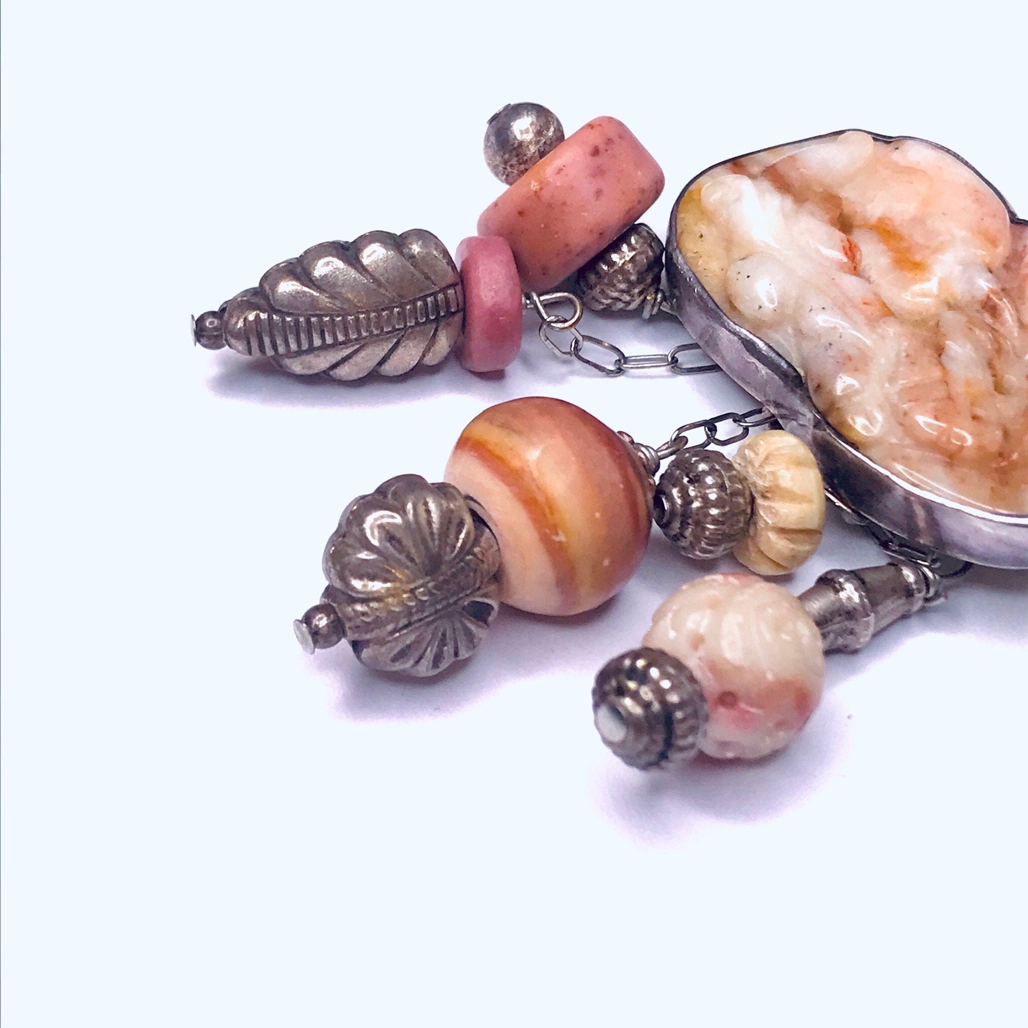 Vintage Hand Carved Burmese Jade, Bone, Soapstone, and Rhodonite Brooch, Abstract Handmade Sterling Silver Brooch with Pink Burmese Jade