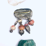 Vintage Hand Carved Burmese Jade, Bone, Soapstone, and Rhodonite Brooch, Abstract Handmade Sterling Silver Brooch with Pink Burmese Jade