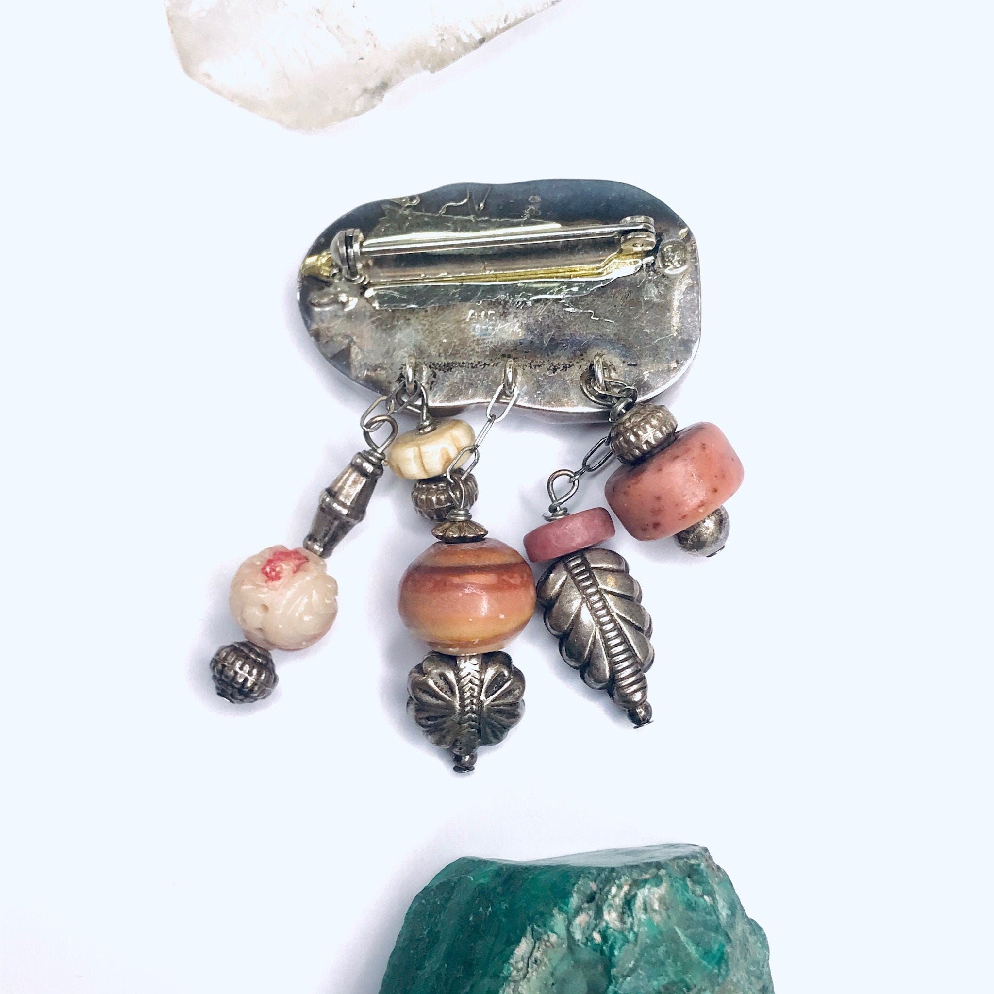 Vintage Hand Carved Burmese Jade, Bone, Soapstone, and Rhodonite Brooch, Abstract Handmade Sterling Silver Brooch with Pink Burmese Jade