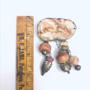 Vintage Hand Carved Burmese Jade, Bone, Soapstone, and Rhodonite Brooch, Abstract Handmade Sterling Silver Brooch with Pink Burmese Jade