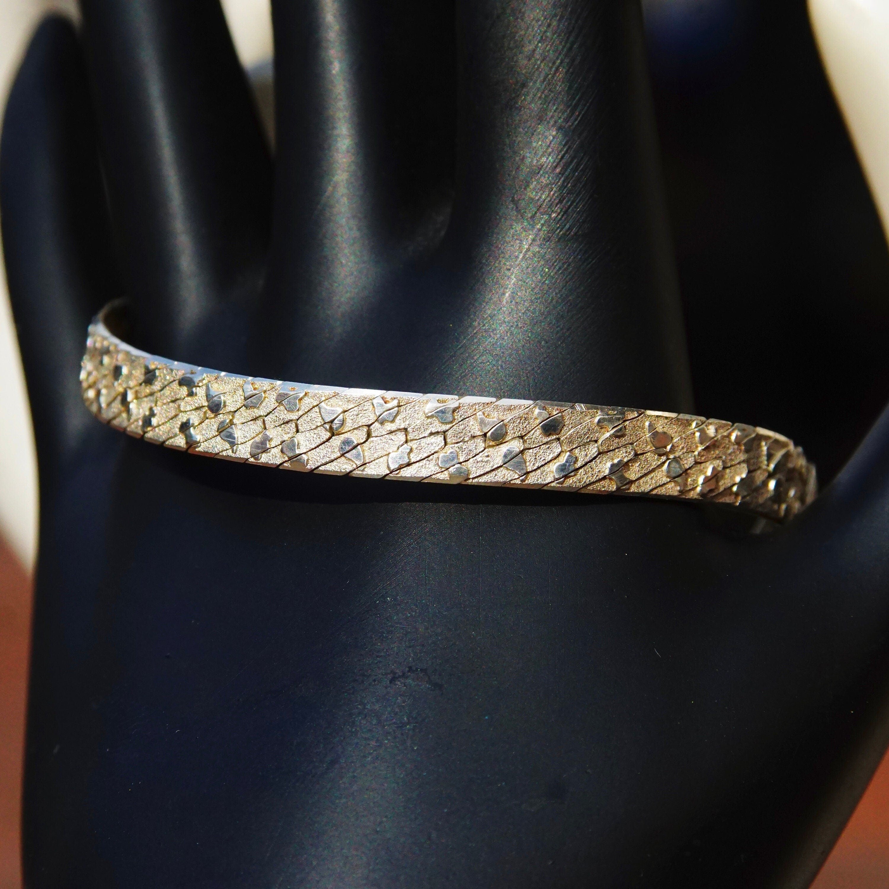 Vintage Italian Sterling Silver Nugget Link Bracelet, 6.5mm Textured Silver Chain, Herringbone Pattern, Flashy 925 Accessories, 7 1/2" L