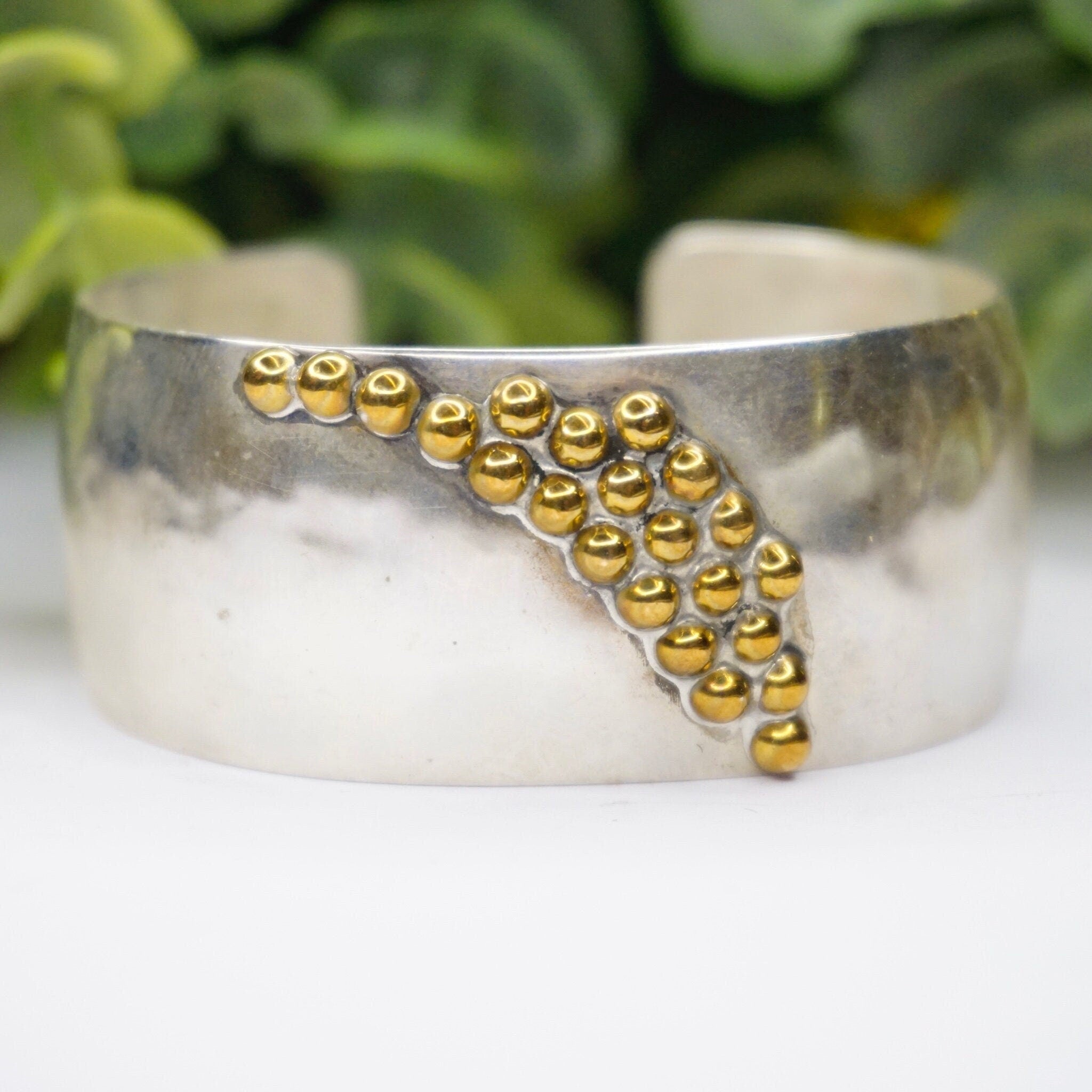 Vintage Louis Booth Sterling Brass Bracelet Cuff, Hammered Silver Cuff With Beaded Brass Details, 2-Tone Silver and Brass Cuff, 925 Jewelry