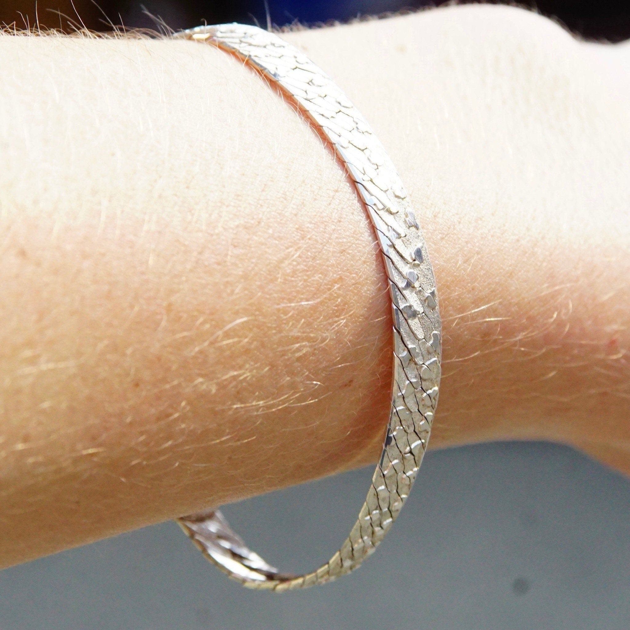 Vintage Italian Sterling Silver Nugget Link Bracelet, 6.5mm Textured Silver Chain, Herringbone Pattern, Flashy 925 Accessories, 7 1/2" L