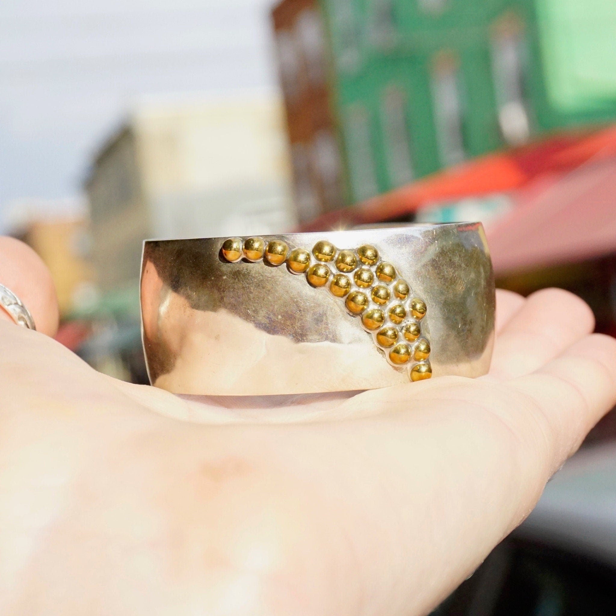 Vintage Louis Booth Sterling Brass Bracelet Cuff, Hammered Silver Cuff With Beaded Brass Details, 2-Tone Silver and Brass Cuff, 925 Jewelry
