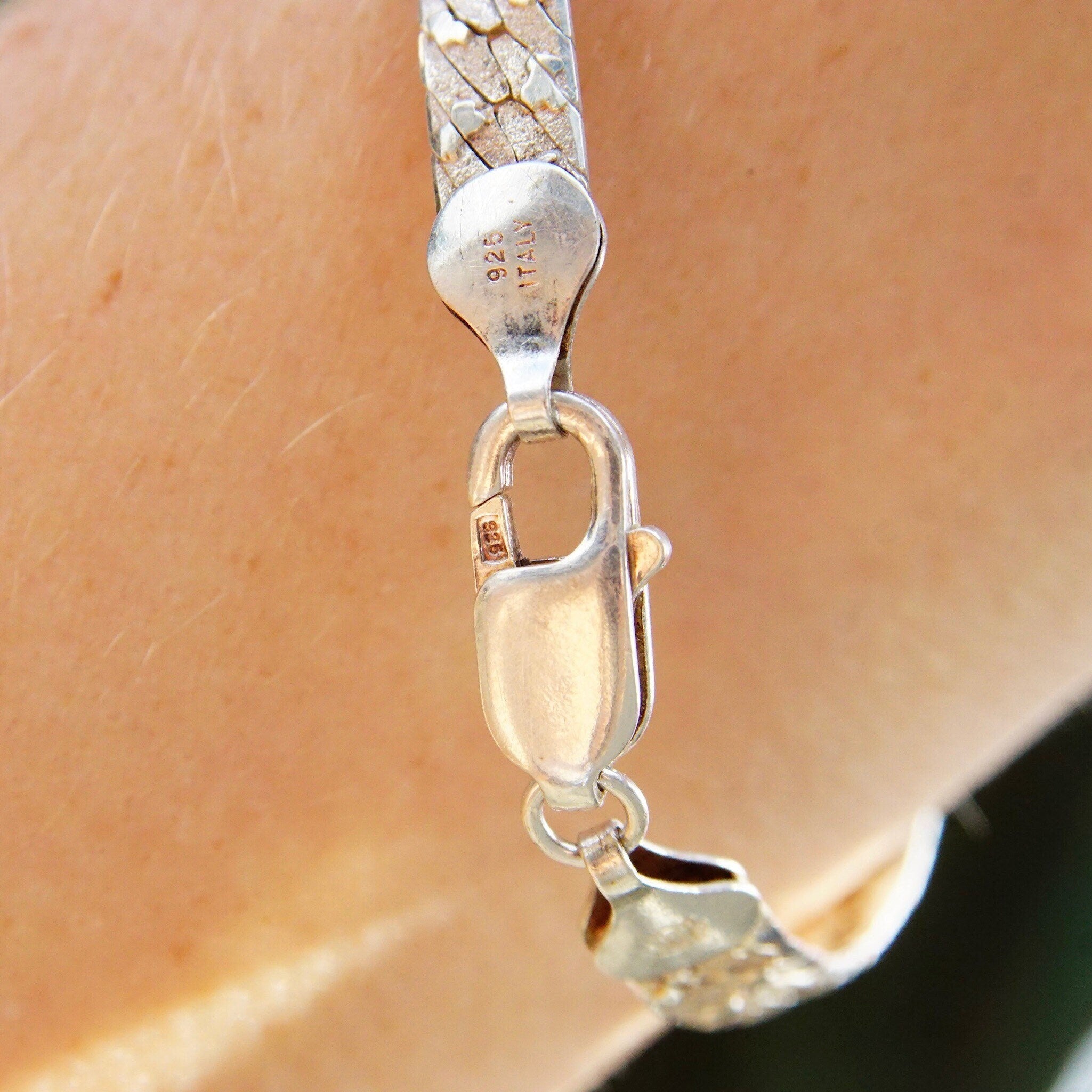 Vintage Italian Sterling Silver Nugget Link Bracelet, 6.5mm Textured Silver Chain, Herringbone Pattern, Flashy 925 Accessories, 7 1/2" L