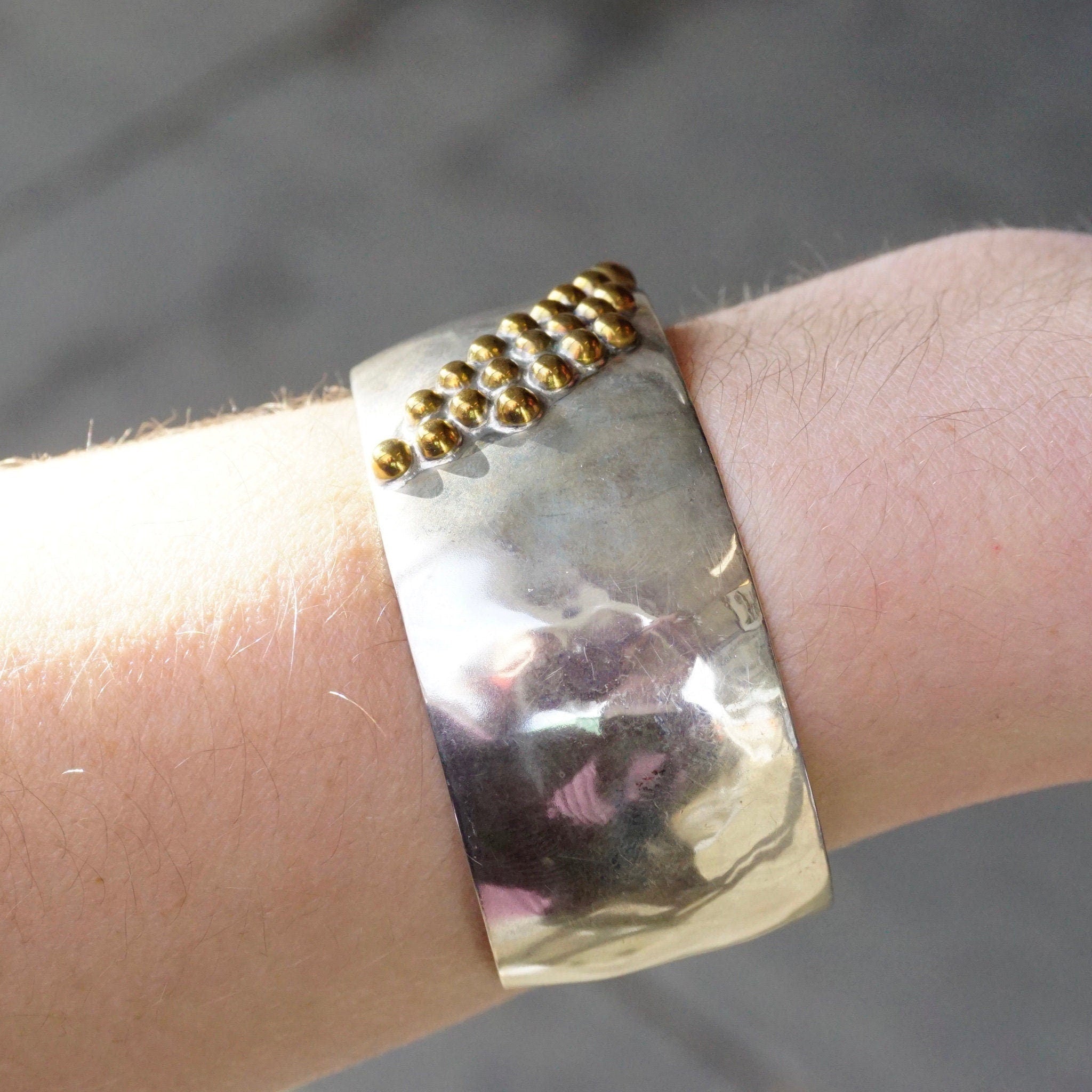 Vintage Louis Booth Sterling Brass Bracelet Cuff, Hammered Silver Cuff With Beaded Brass Details, 2-Tone Silver and Brass Cuff, 925 Jewelry