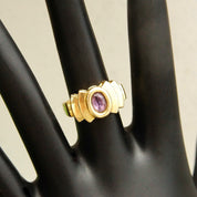 Vintage Modernist 14K Gold Amethyst Gemstone Cocktail Ring, Tiered Yellow Gold Saddle Ring, Bezel-Set Faceted Purple Gemstone, Size 7 US
