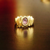 Vintage Modernist 14K Gold Amethyst Gemstone Cocktail Ring, Tiered Yellow Gold Saddle Ring, Bezel-Set Faceted Purple Gemstone, Size 7 US