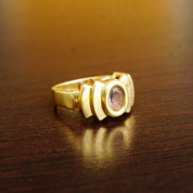 Vintage Modernist 14K Gold Amethyst Gemstone Cocktail Ring, Tiered Yellow Gold Saddle Ring, Bezel-Set Faceted Purple Gemstone, Size 7 US