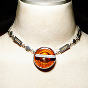Vintage Modernist Ben Amun Amber Lucite Toggle Pendant Choker, Chunky Silver Necklace With Translucent Amber Donut Ring Pendant, 17 3/4" L