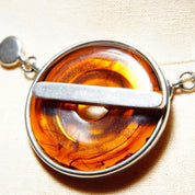 Vintage Modernist Ben Amun Amber Lucite Toggle Pendant Choker, Chunky Silver Necklace With Translucent Amber Donut Ring Pendant, 17 3/4" L