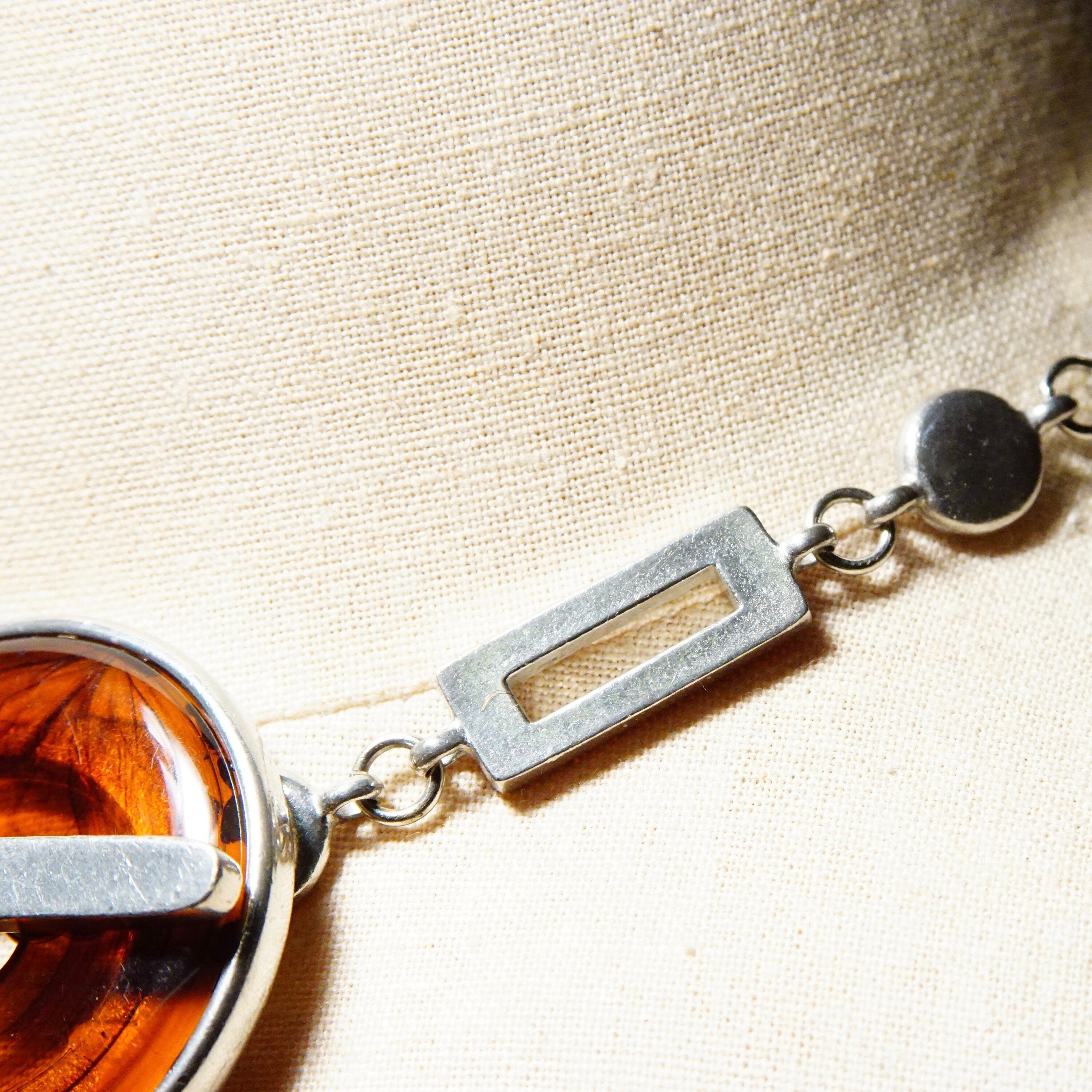 Vintage Modernist Ben Amun Amber Lucite Toggle Pendant Choker, Chunky Silver Necklace With Translucent Amber Donut Ring Pendant, 17 3/4" L