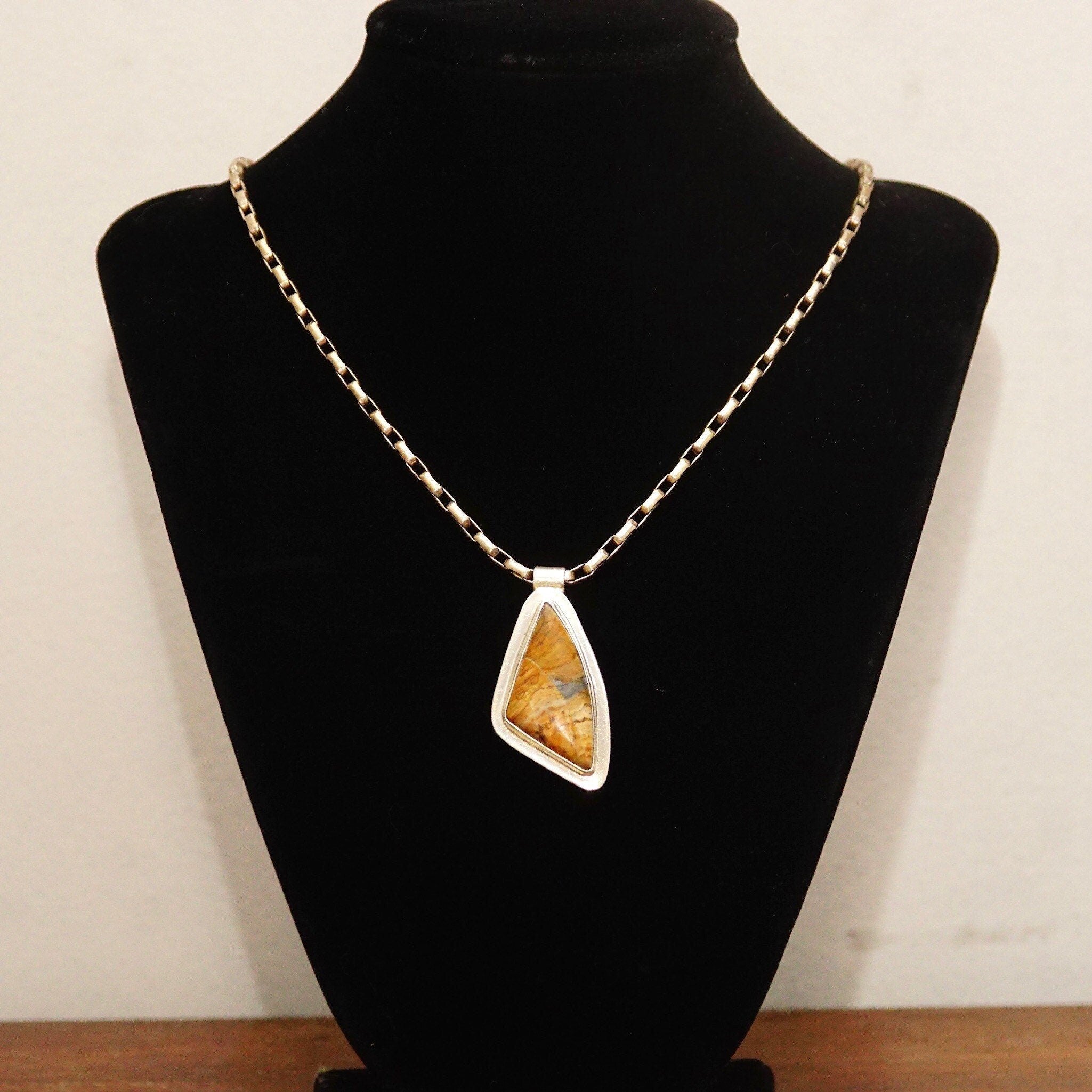 Fossil Pendant, Abstract Triangular Bezel Setting, Tube Necklace Bail, 925 Bohemian, 42mm x 22mm