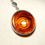 Vintage Modernist Ben Amun Amber Lucite Toggle Pendant Choker, Chunky Silver Necklace With Translucent Amber Donut Ring Pendant, 17 3/4" L