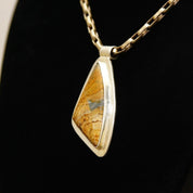 Vintage Modernist Sterling Silver Gemstone/Fossil Pendant, Abstract Triangular Bezel Setting, Tube Necklace Bail, 925 Bohemian, 42mm x 22mm