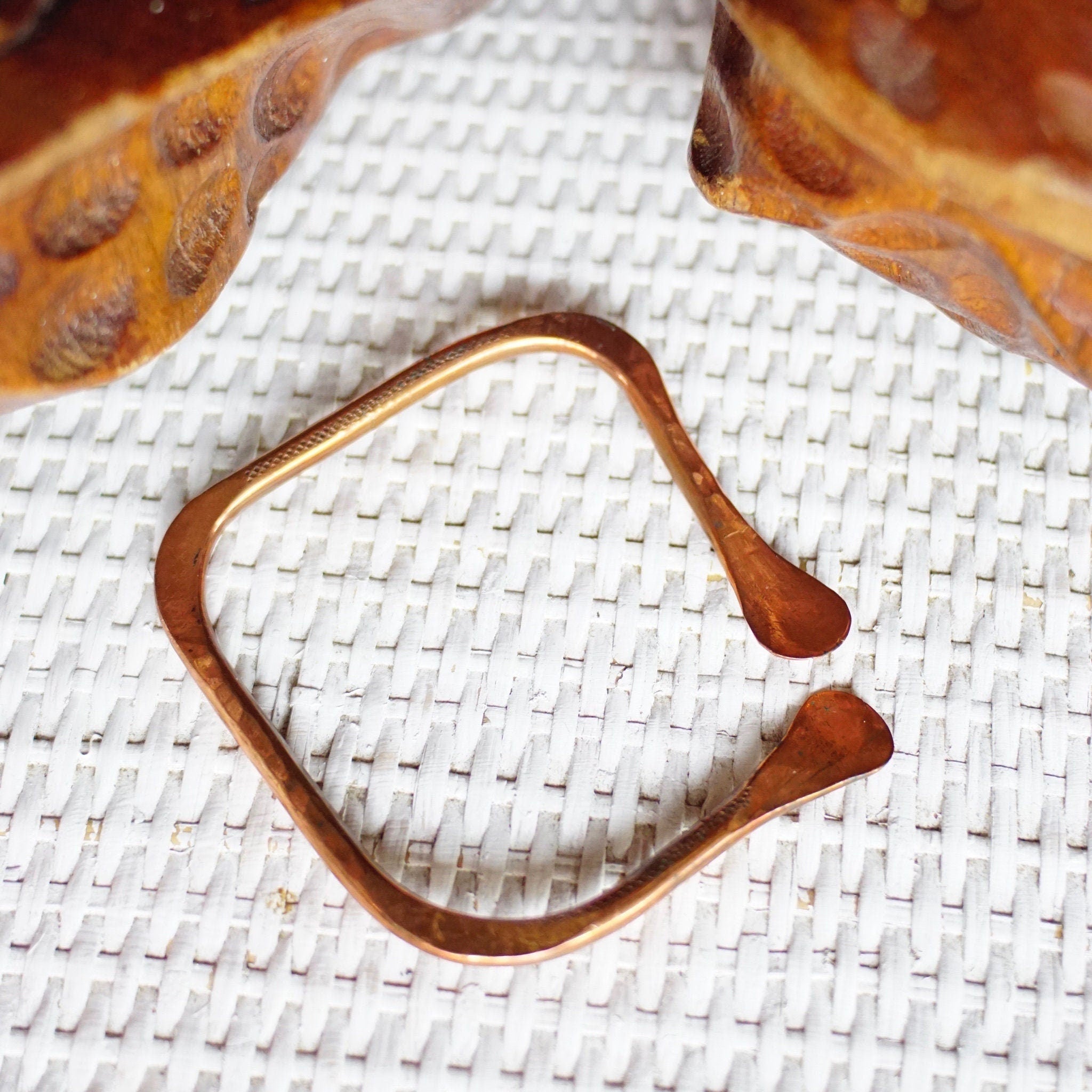 Vintage Modernist Copper Bangle Bracelet, Artisan Hammered Copper Bangle, Large Square Copper Bracelet With Textured Details