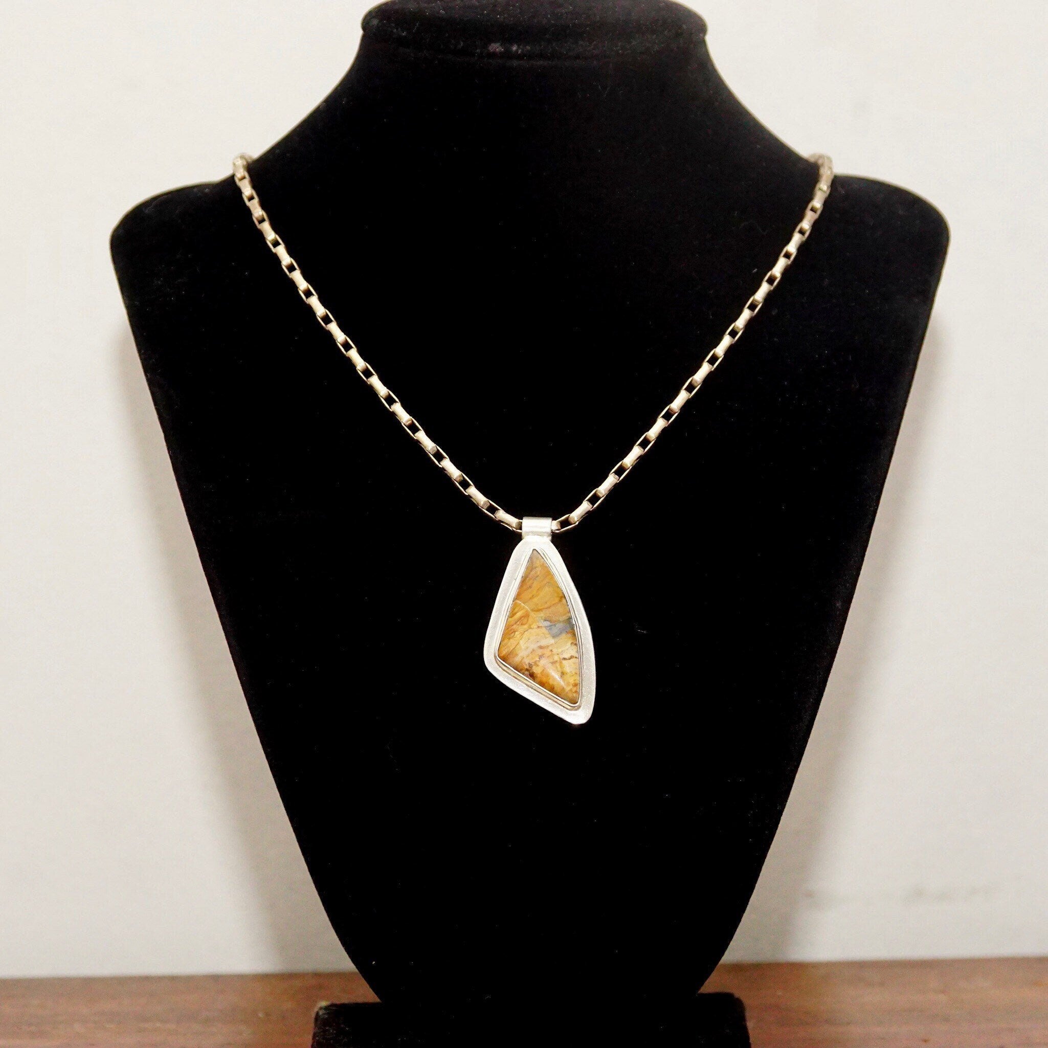 Vintage Modernist Sterling Silver Gemstone/Fossil Pendant, Abstract Triangular Bezel Setting, Tube Necklace Bail, 925 Bohemian, 42mm x 22mm