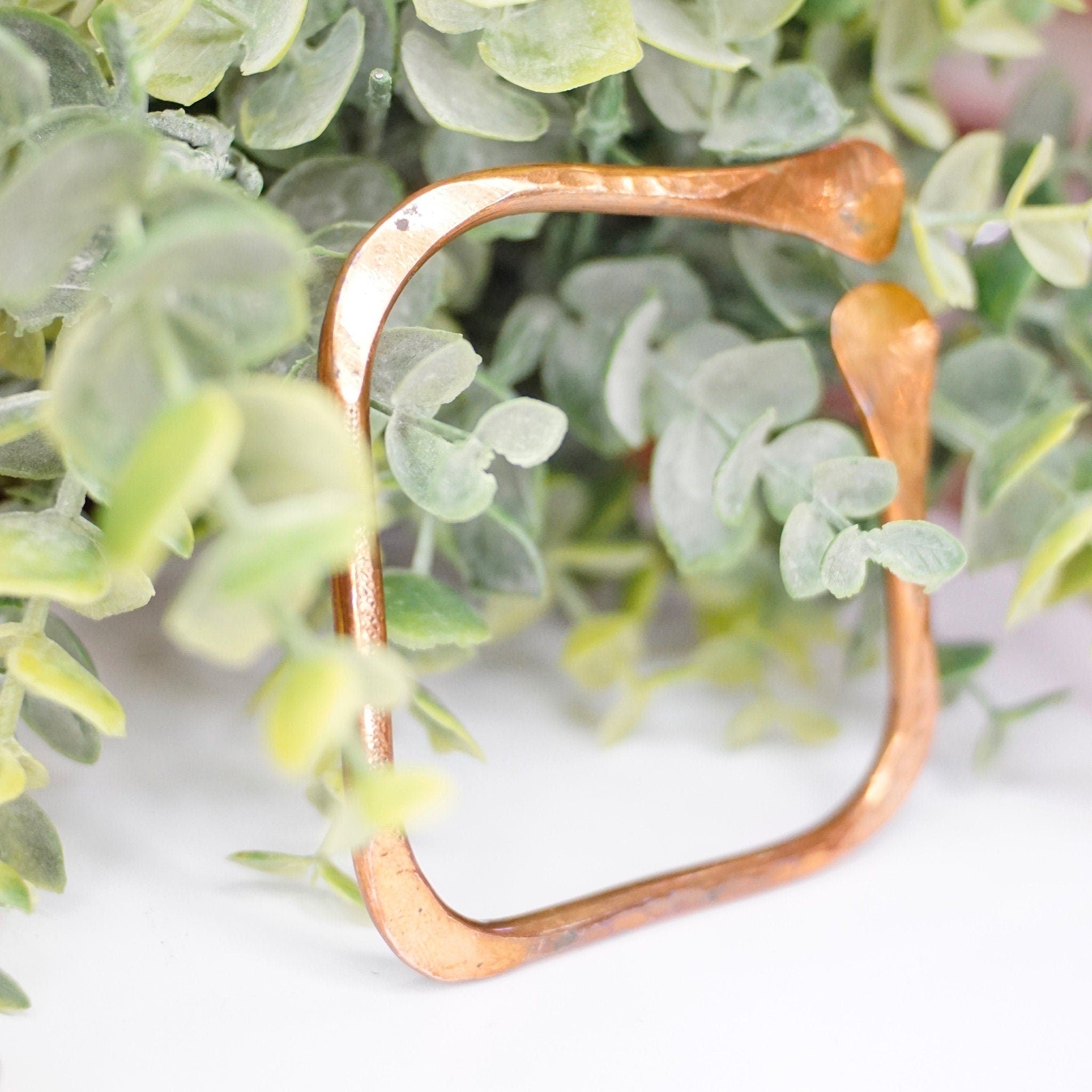 Vintage Modernist Copper Bangle Bracelet, Artisan Hammered Copper Bangle, Large Square Copper Bracelet With Textured Details
